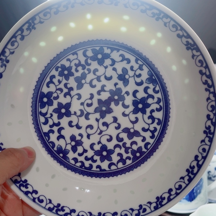 青花玲珑8寸窝盘紫荆花