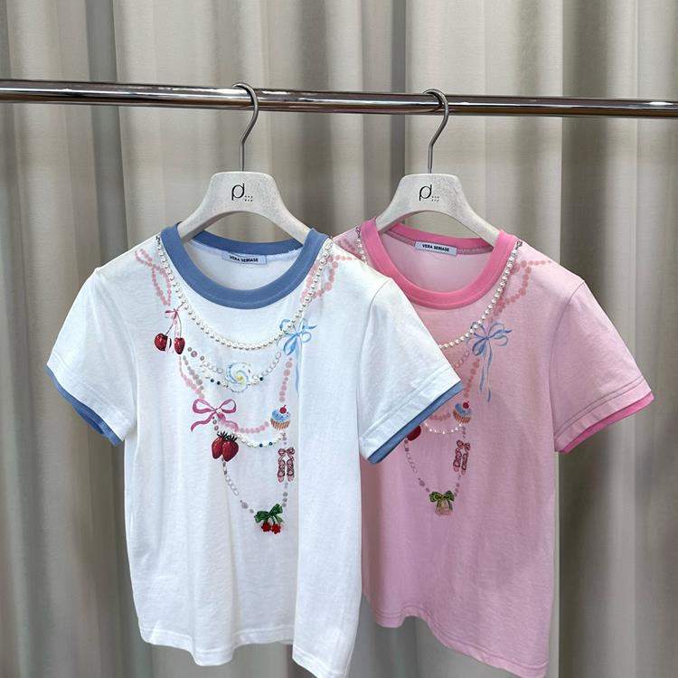Seriase2026春珍珠装饰撞色圆领短袖T恤女569dopdop买手店