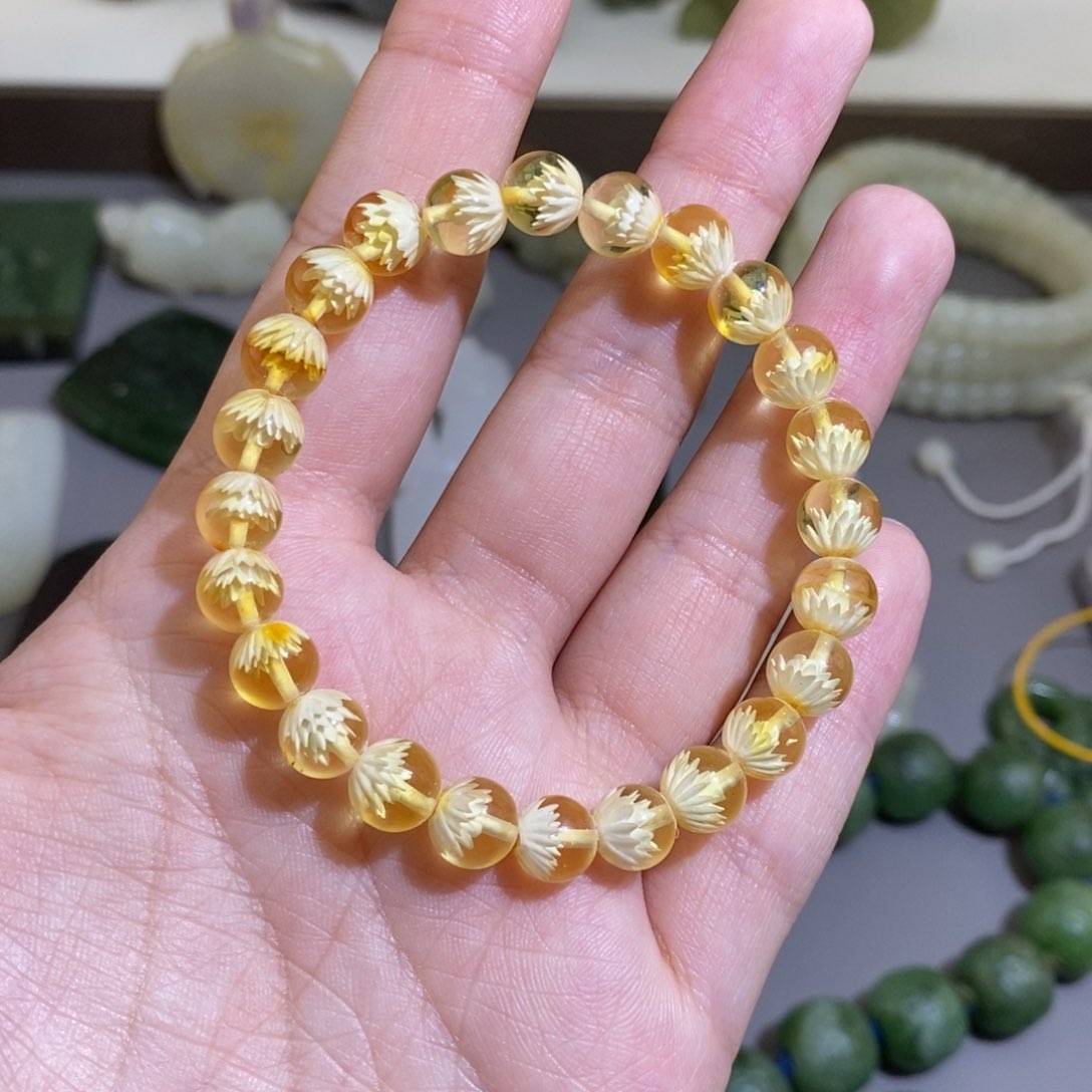 蜜蜡颈饰未镶嵌莲花工艺手串