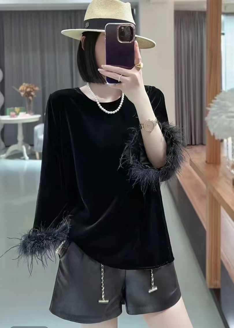 丝绒毛毛圆领显瘦真丝气质上衣百搭长袖时尚