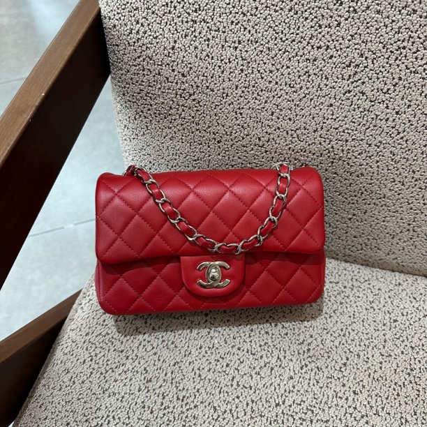 99新 Chanel/香奈儿 红色大mini cf 羊皮单肩斜挎包 US553030