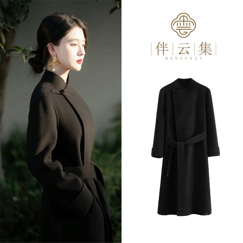 《致简》羊毛黑色新中式国女冬季新款气质女装高级感中长款毛呢外套