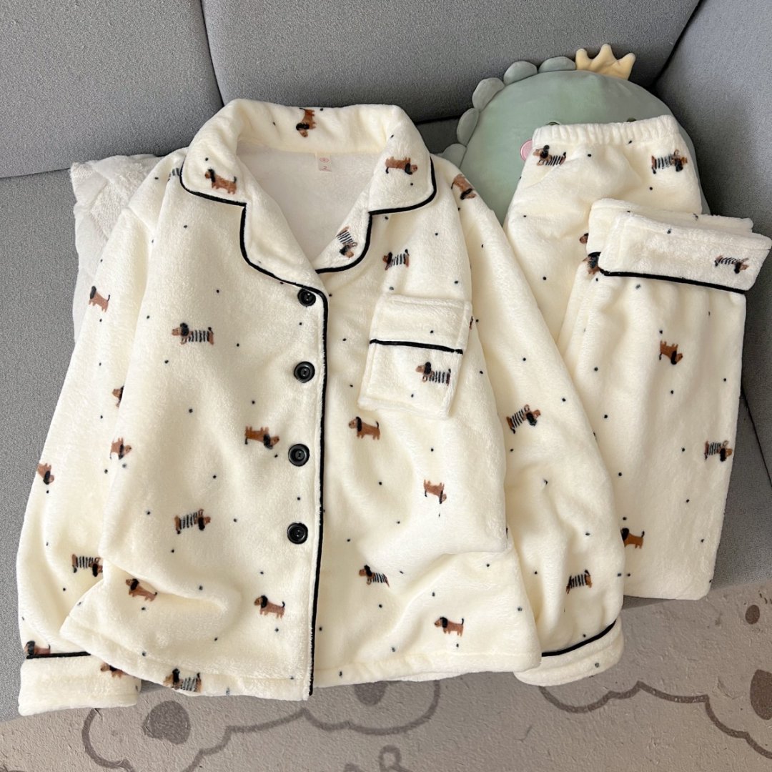 加绒加厚冬季法兰绒长袖长裤睡衣女可爱腊肠狗少女保暖家居服套装