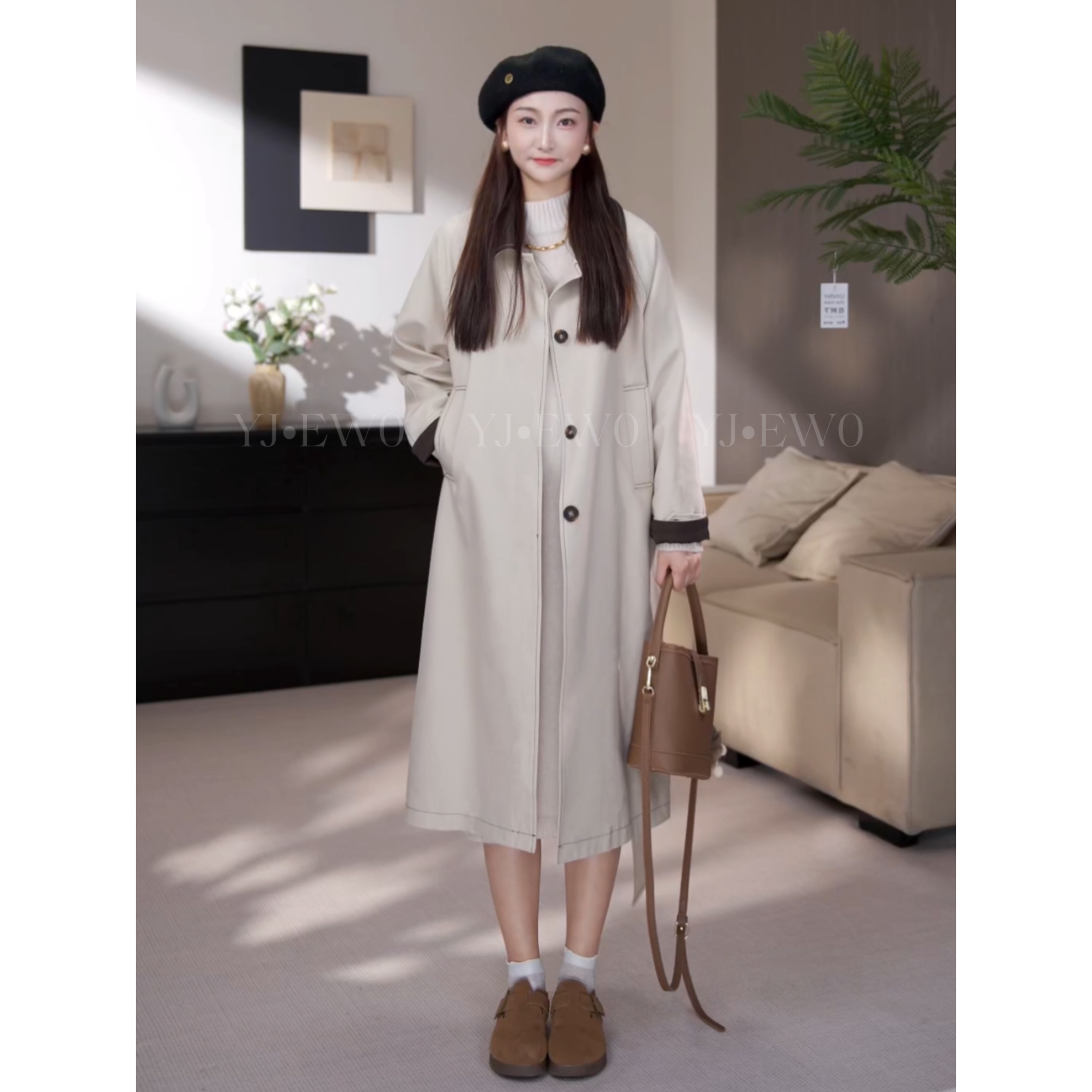 【现货】秋季韩版宽松气质翻领中长款设计感长袖风衣-7051