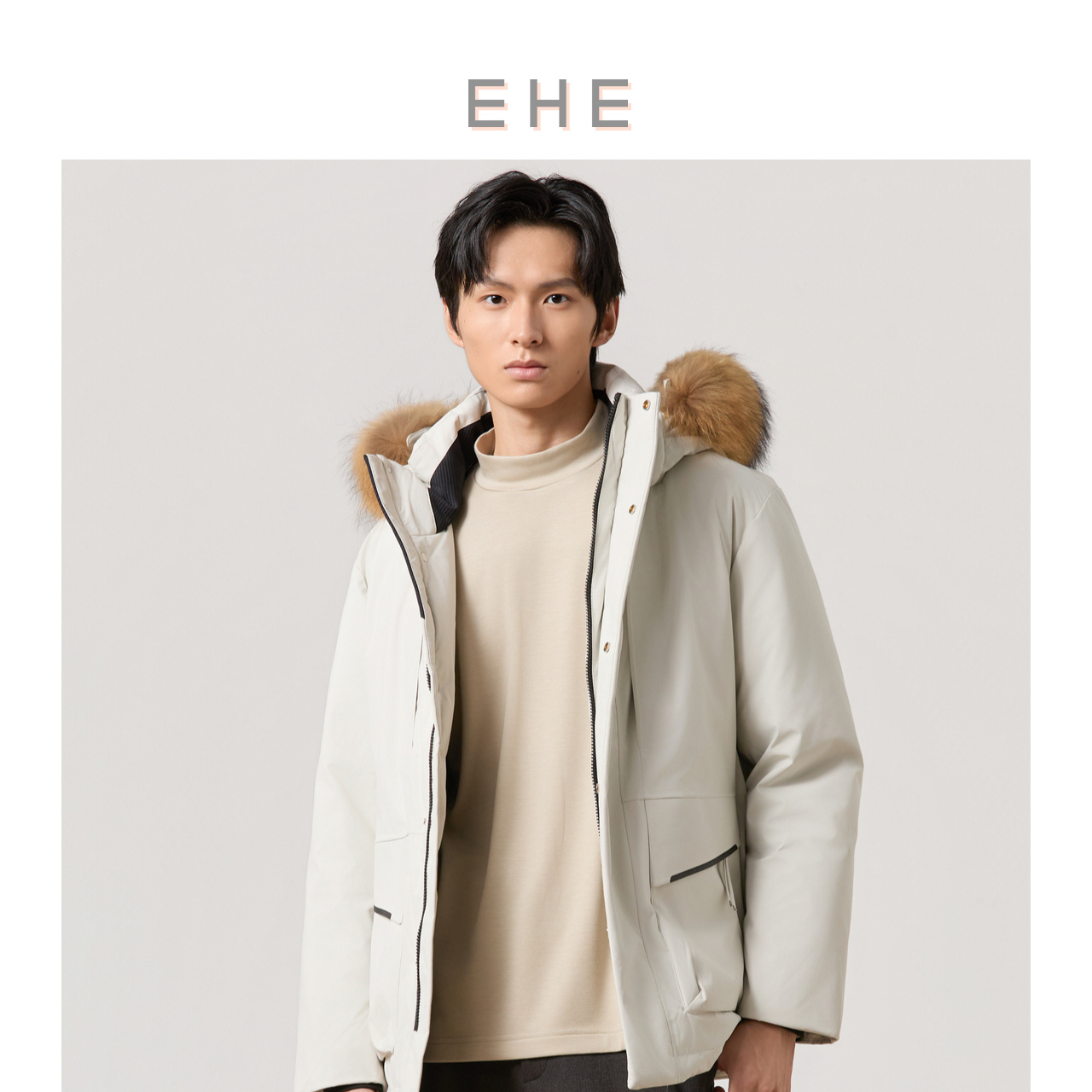 EHE男装冬季90白鹅绒貉子毛领蓄热里布连帽羽绒服男66113234016