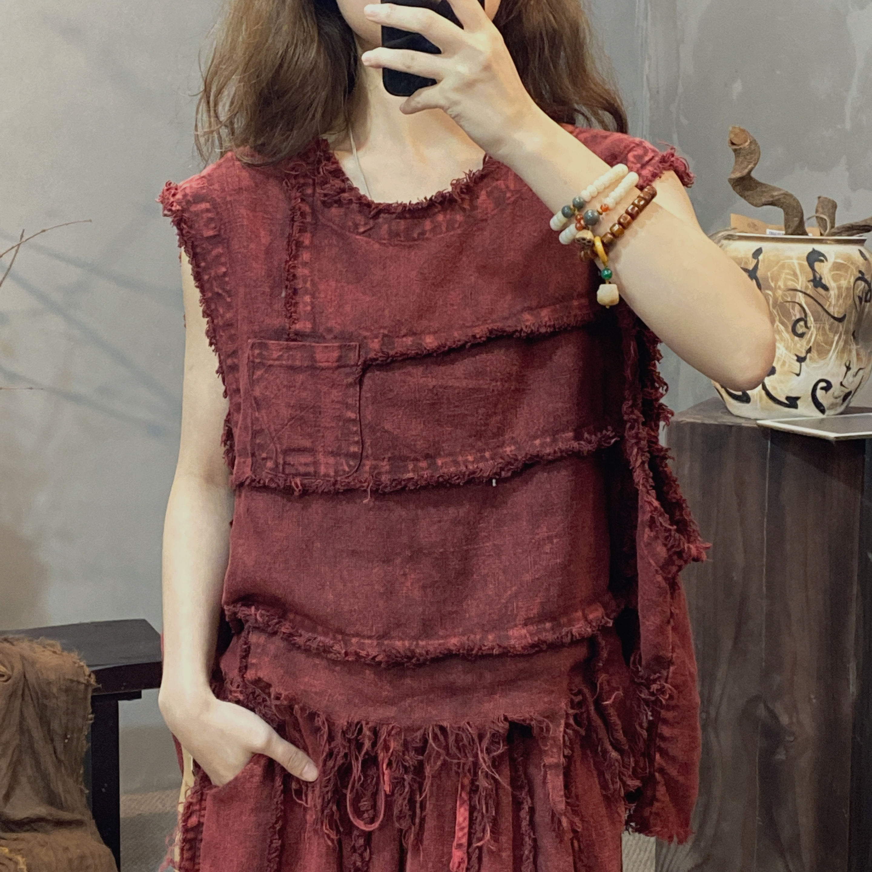 M532亚麻做旧手工马甲背心文艺风宽松设计