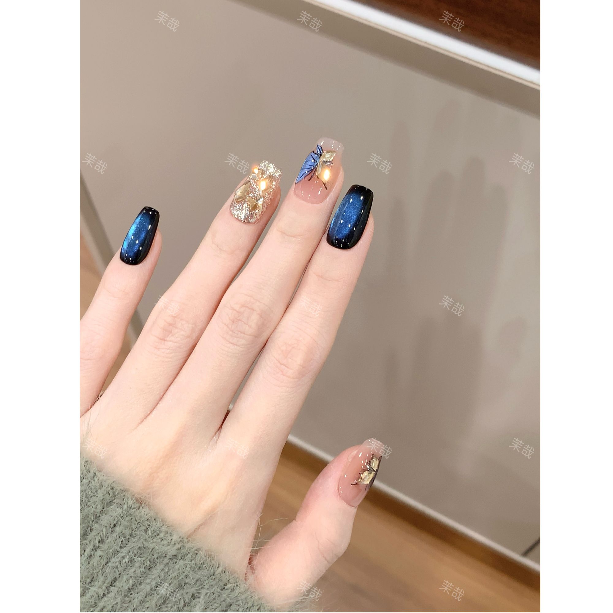 茉哉现货【蓝色妖姬】纯手工定制美甲拆卸穿戴甲A4651