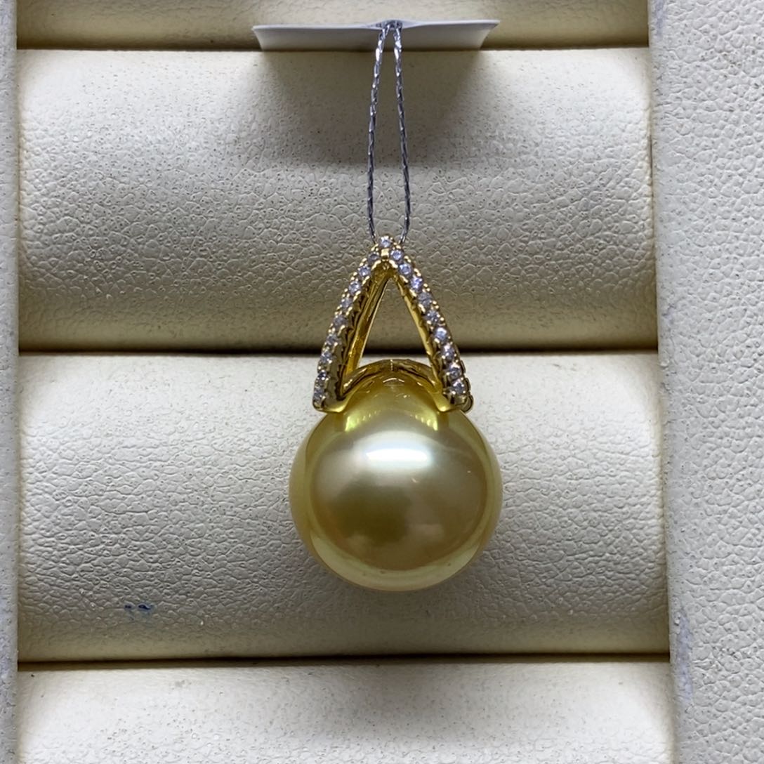 银S925镶嵌颈饰海水珍珠金珠吊坠12-13m m