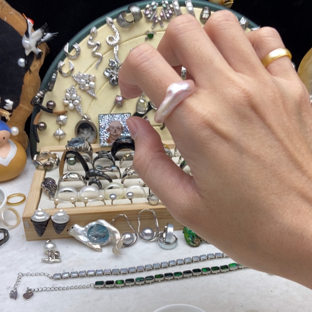 未镶嵌淡水珍珠画框樱花粉珍珠指环16-18号