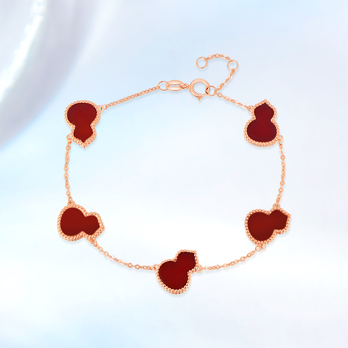 卡伊珠宝18K金五方福禄五葫芦手链女红玛瑙AU750彩金手链节日礼物