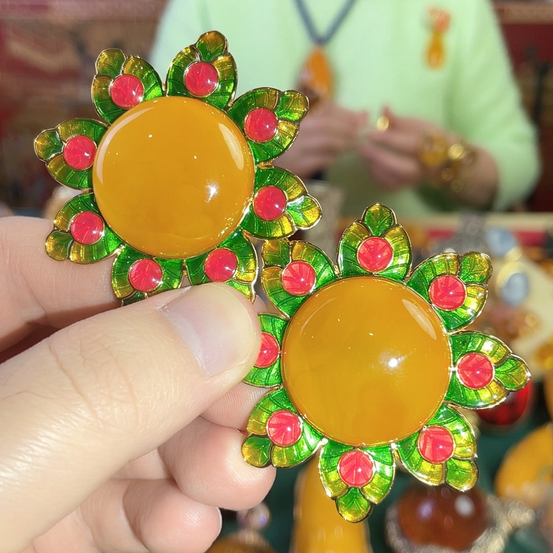 蜜蜡耳钉银S925镀金镶嵌28.8克