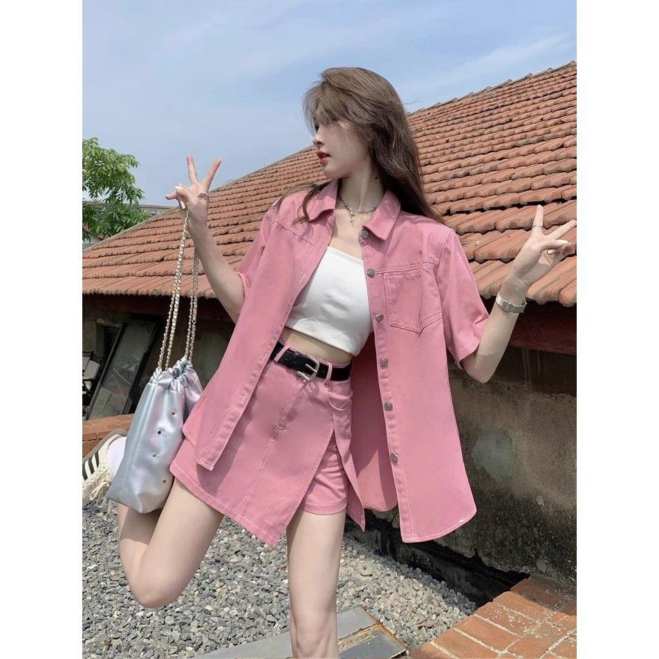 【91%好评率】多巴胺休闲粉色牛仔套装宽松春秋夏季减龄外套短袖新