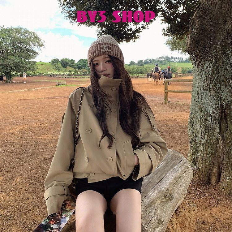 【BY3 SHOP】韩系新款英伦风气质立领风衣外套女秋季双排扣卡其色宽