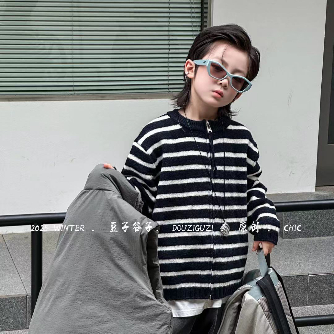 品牌豆子谷子韩系条纹毛衣开衫