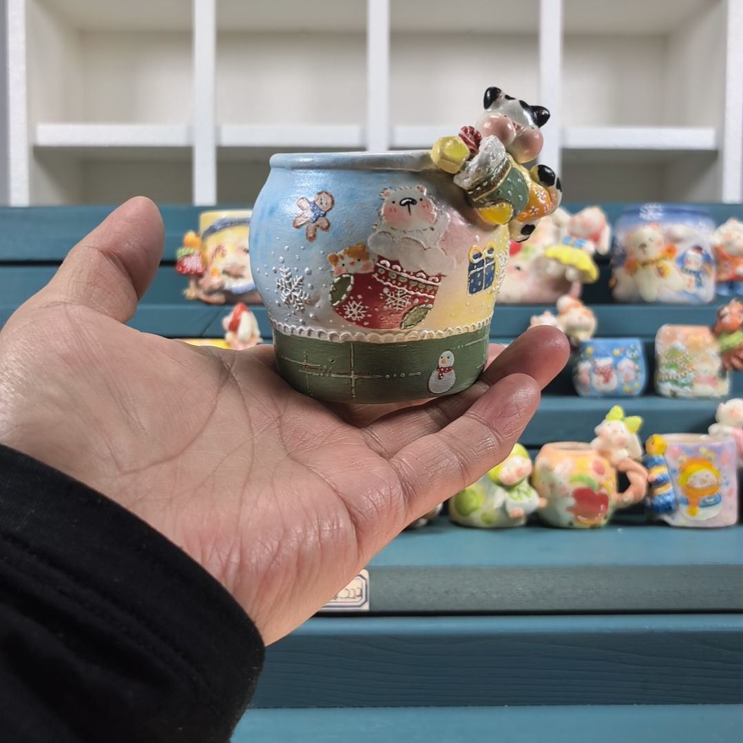 大罐子 奶牛猫 手绘多肉花盆