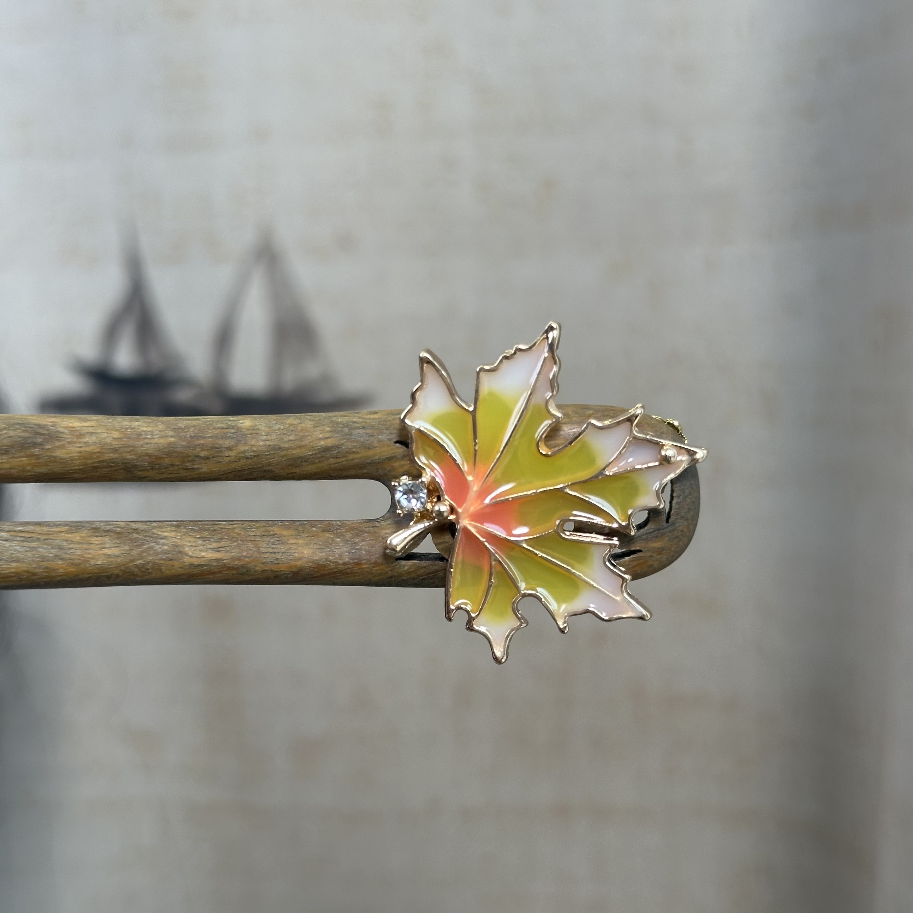 F045黄色枫叶纯手工檀木发簪13cm小u古风簪子日常百搭