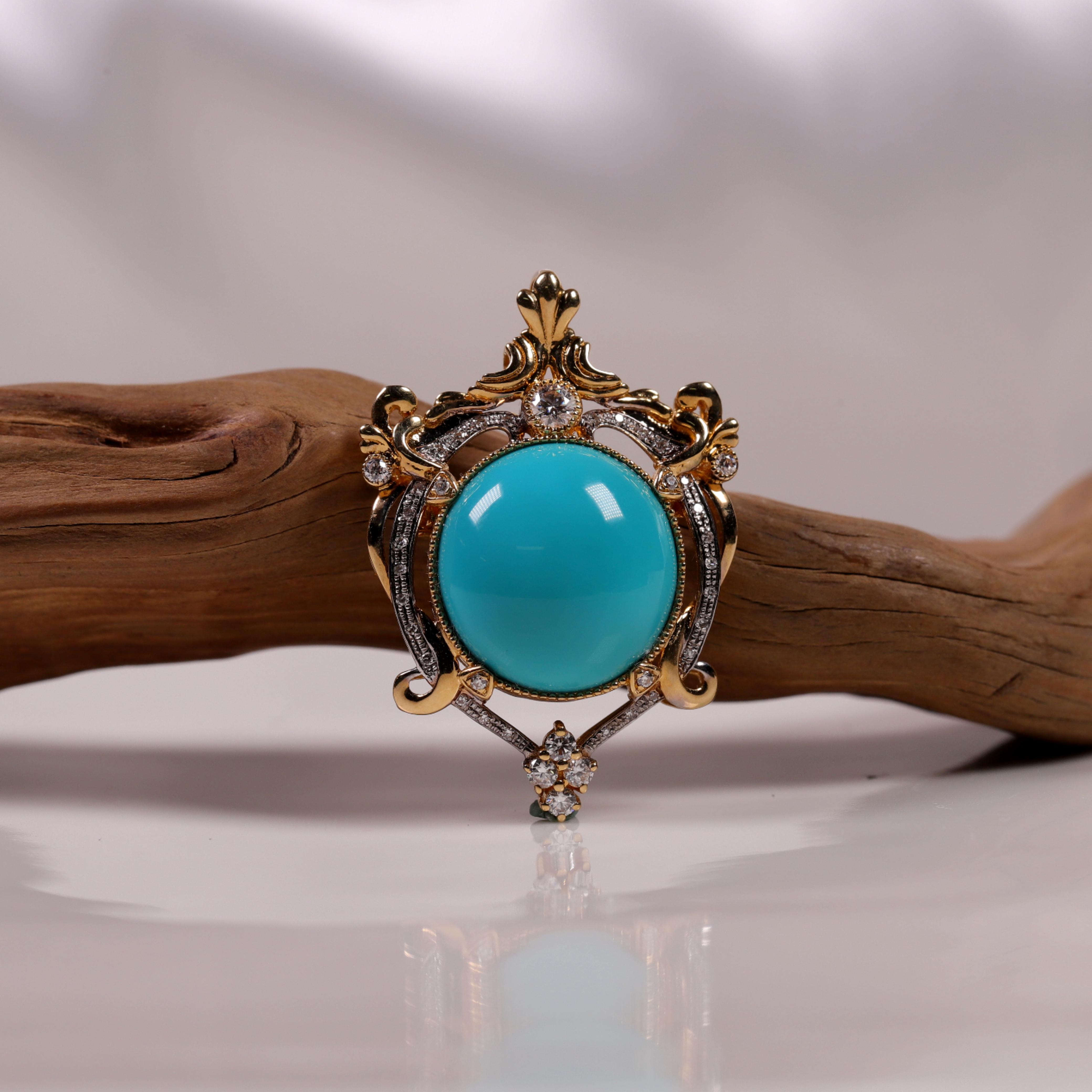 天然原矿绿松石高瓷18K金精工镶嵌吊坠