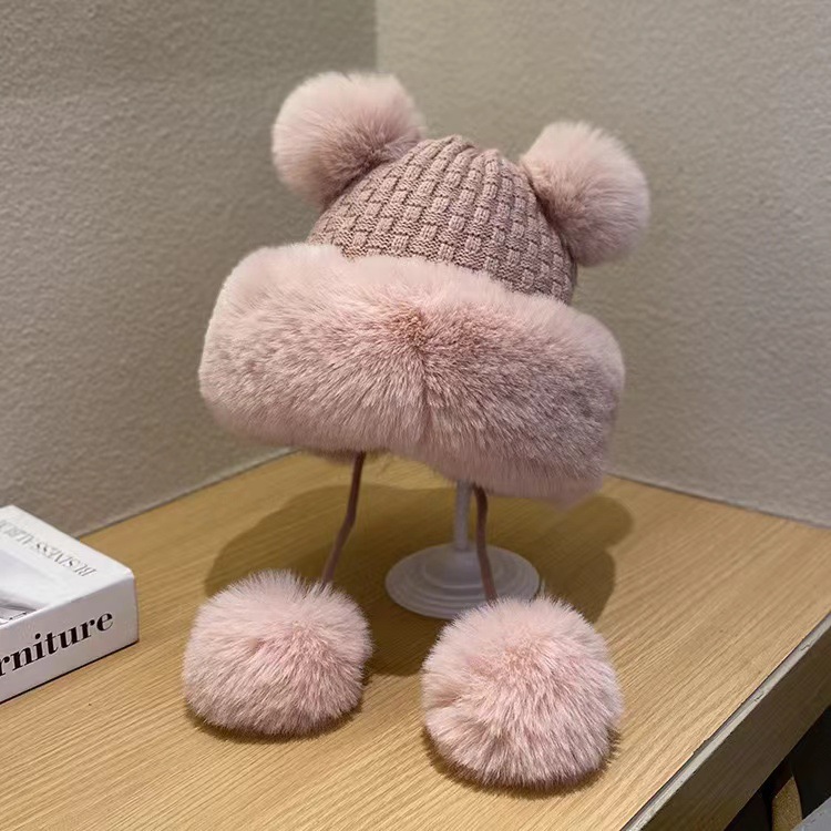 新款可爱毛球耳朵毛绒帽女冬季加绒保暖套头帽针织护耳东北雷锋帽