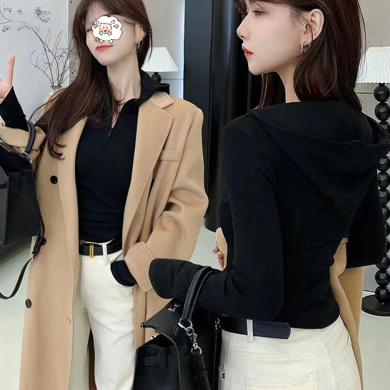 新款秋冬百搭半拉链连帽长袖修身打底衫显瘦休闲通勤绒毛上衣女