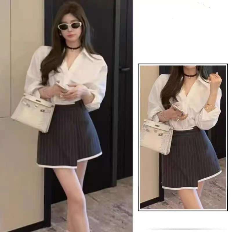 高级感御姐范气质套装女春秋蕾丝边白色衬衫条纹西装半身裙两件套