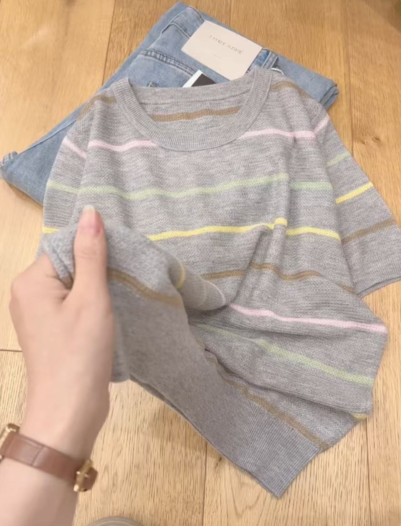 七言家巨好看！  夏季拼色彩色条纹短袖5013