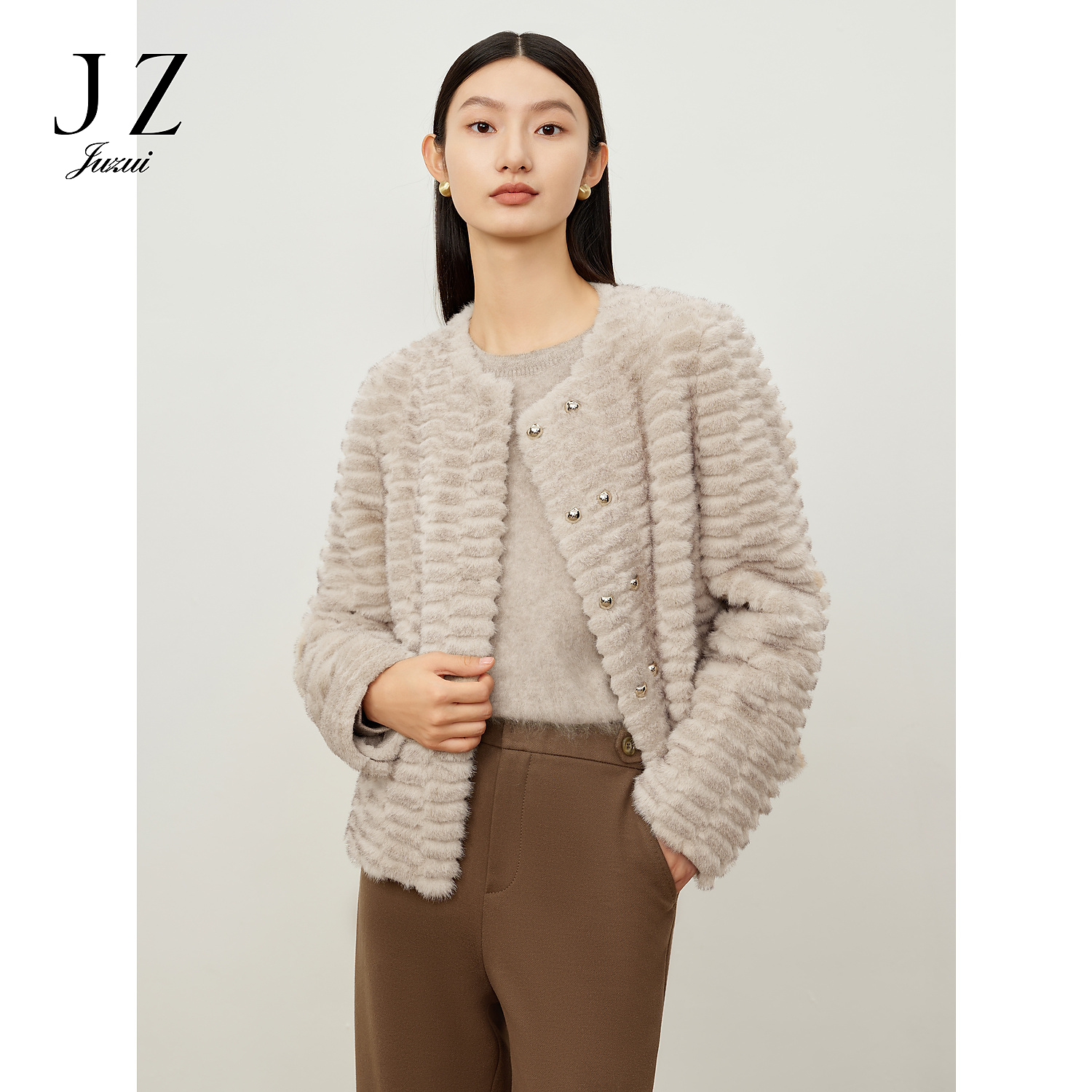 商场同款JZ玖姿JWDD02101城市通勤贵气圆领口袋女外套冬款