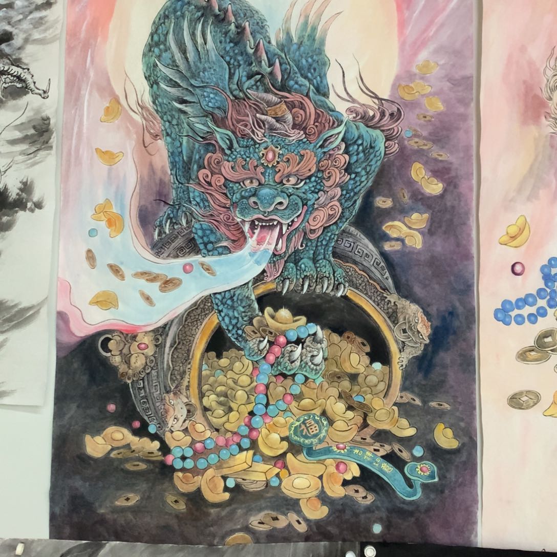 国画红**鸟福利作品六尺手绘貔貅