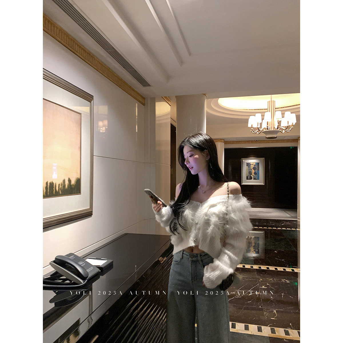 YOLI 张宥利 "心动恋语" 白色V领针织开衫女冬季休闲百搭显瘦上衣