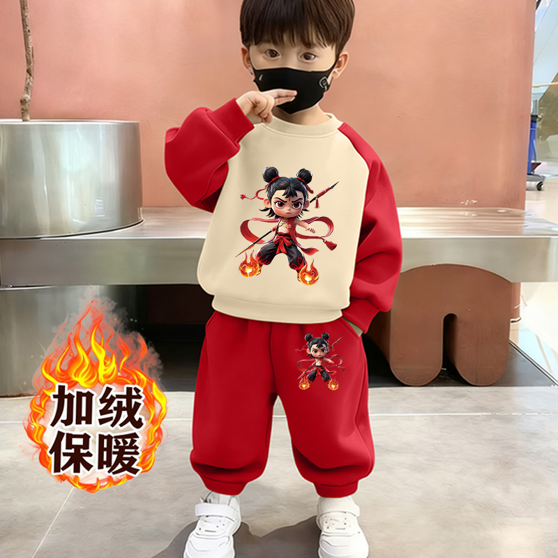 2025秋冬季新款男童女童加绒套装哪吒魔童闹海卡通儿童保暖两件套