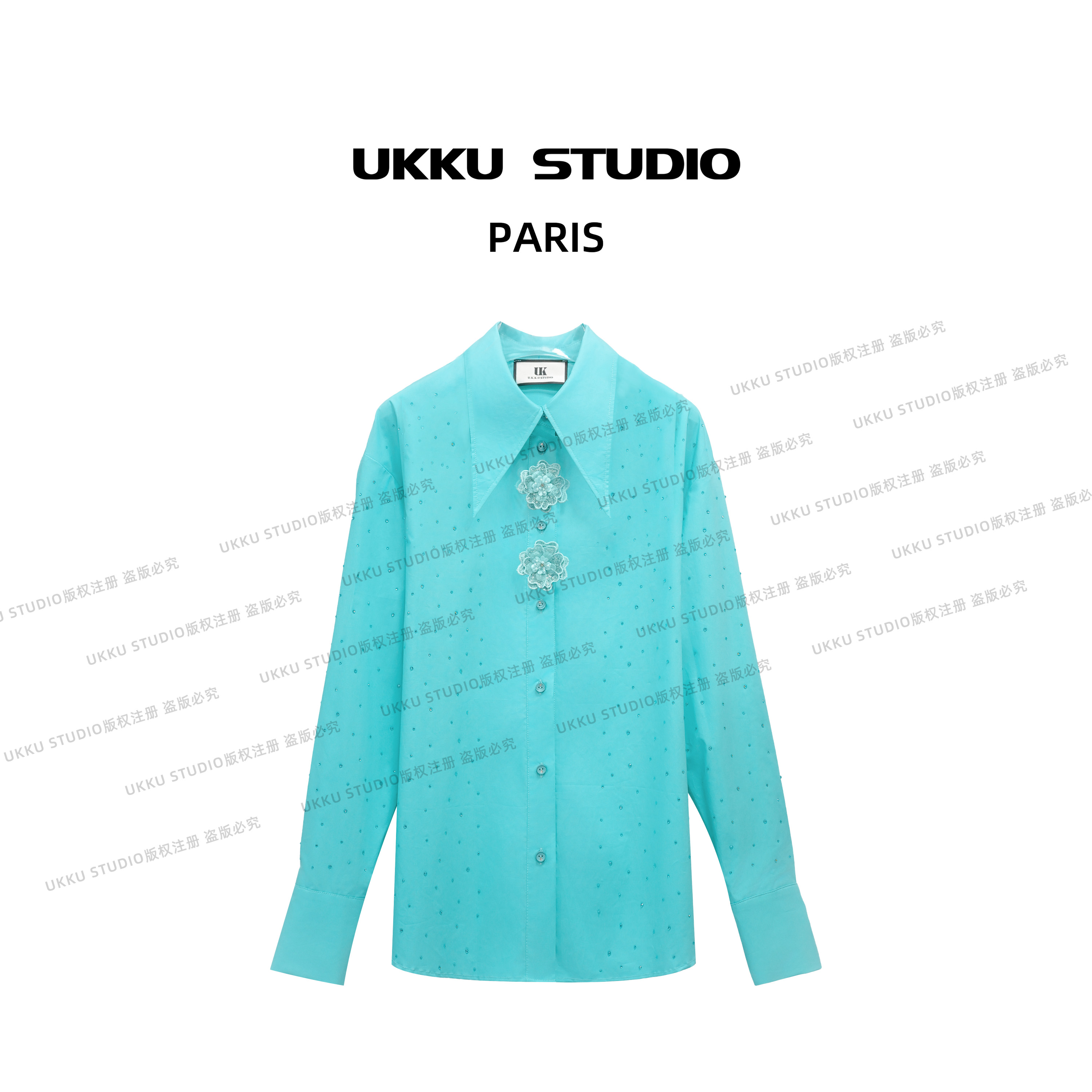文文【UKKUSTUDIO】时尚蓝色拼接亮钻加厚玫瑰衬衫613326