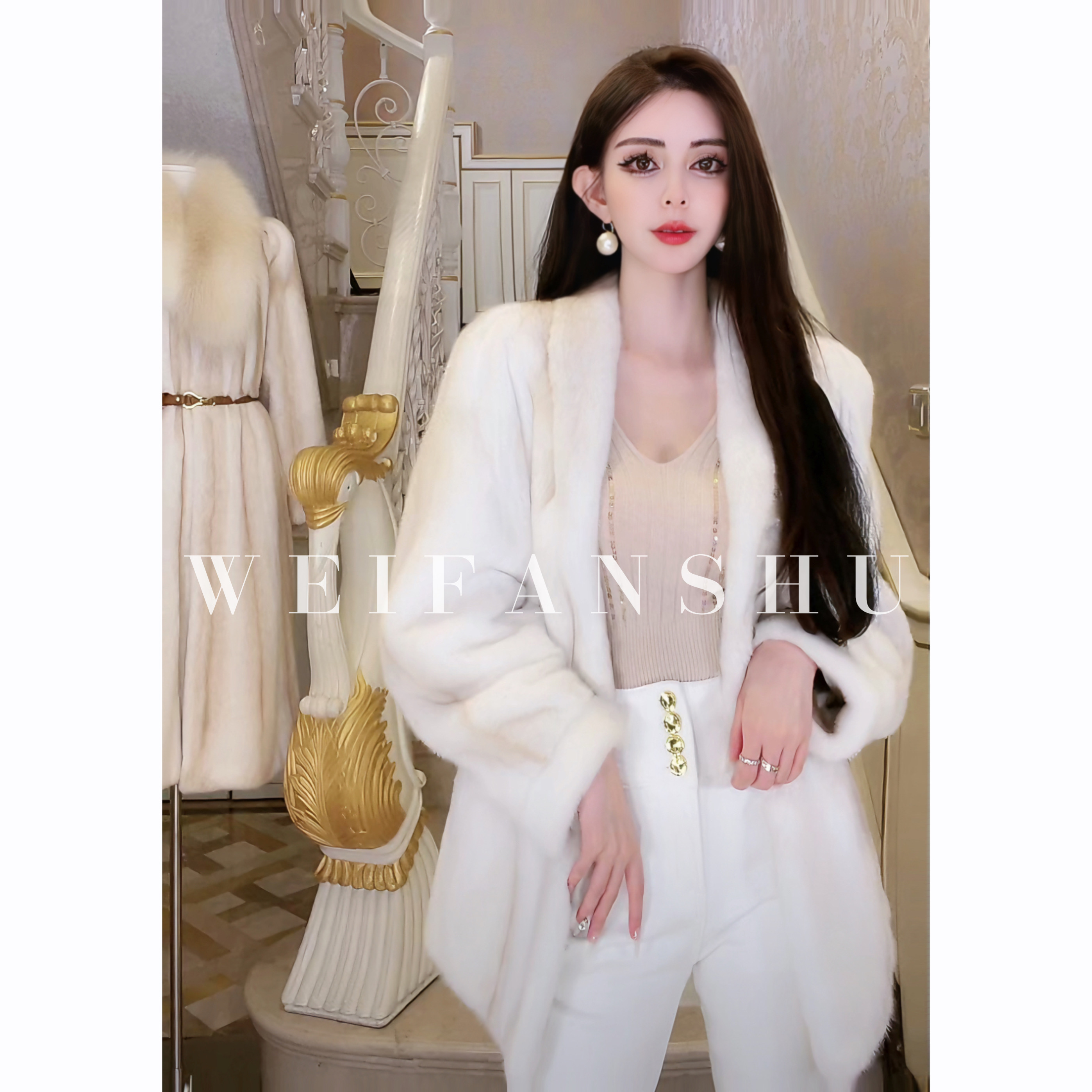 WEIFANSHU/魏凡舒【慵懒暖冬】米黄十字貂外套