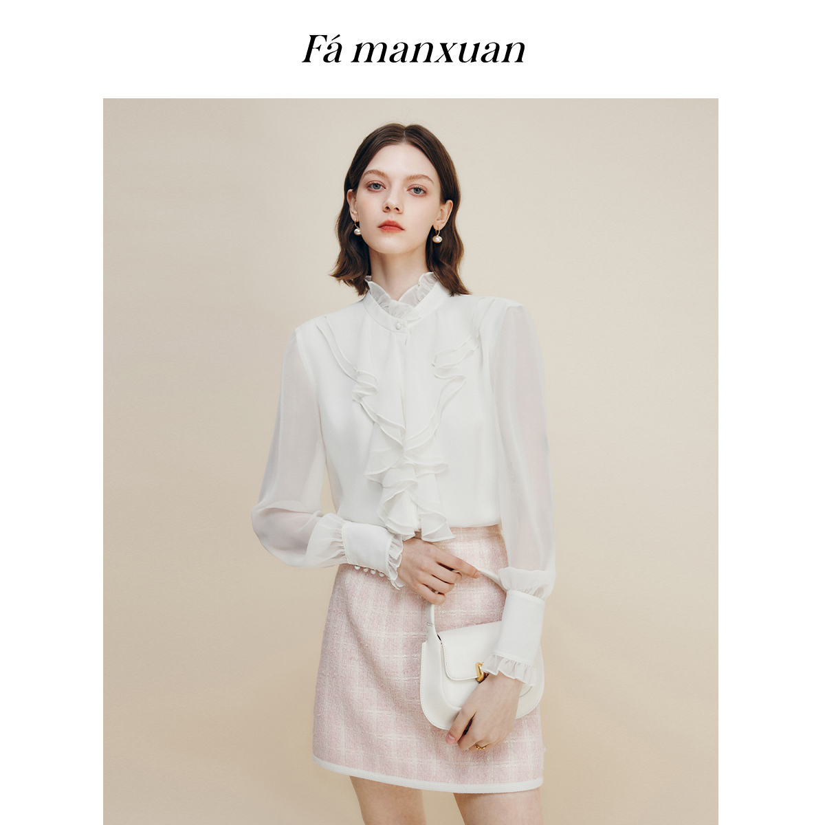【CC专属】法曼萱宫廷风木耳立领衬衫女2025秋上衣