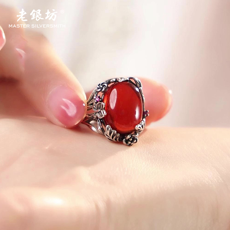 血珀戒指 立体蝴蝶桃花s925银戒 小众珠宝饰品00312165