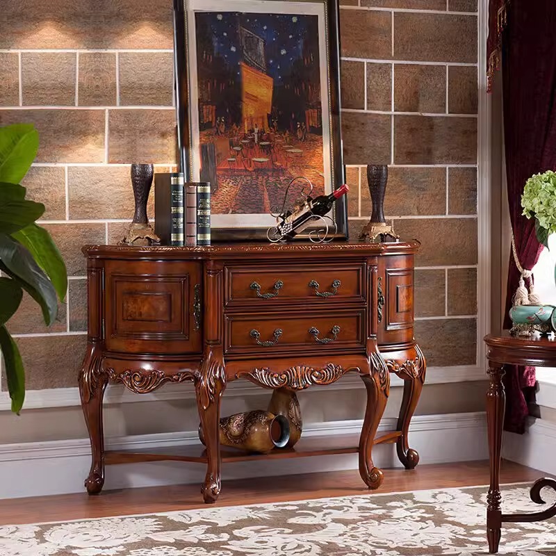 美式半圆玄关台欧式实木雕花玄关柜门厅靠墙装饰桌餐边柜沙发背几