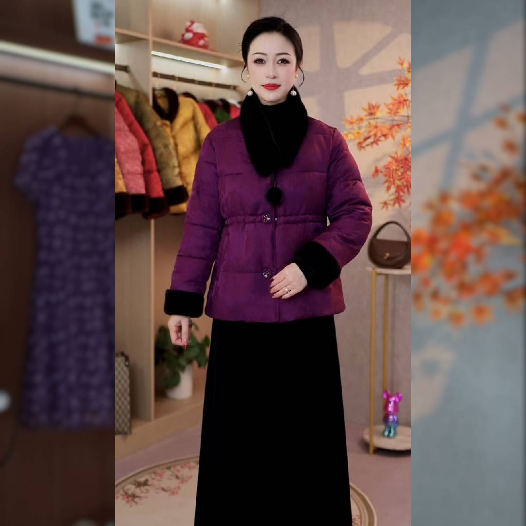 2025冬季新款高端大气洋气新中式国风棉服紫色红色围巾可拆卸