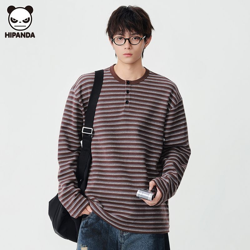 Hi Panda长袖卫衣男装宽松休闲秋季商务文艺通勤百搭条纹打底上衣