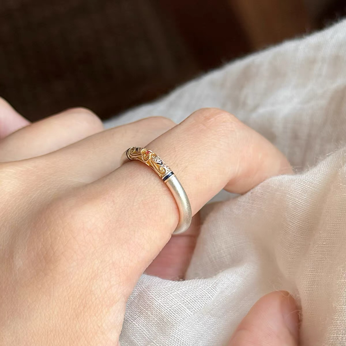 足银珐琅戒指 锦  银奶奶足银999.9新中式百搭珐琅彩银戒指