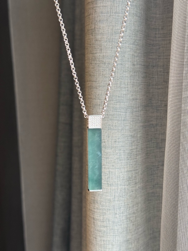 天然危地马拉翡翠项链无事牌银镶嵌男款项链女款项链电镀白金银链