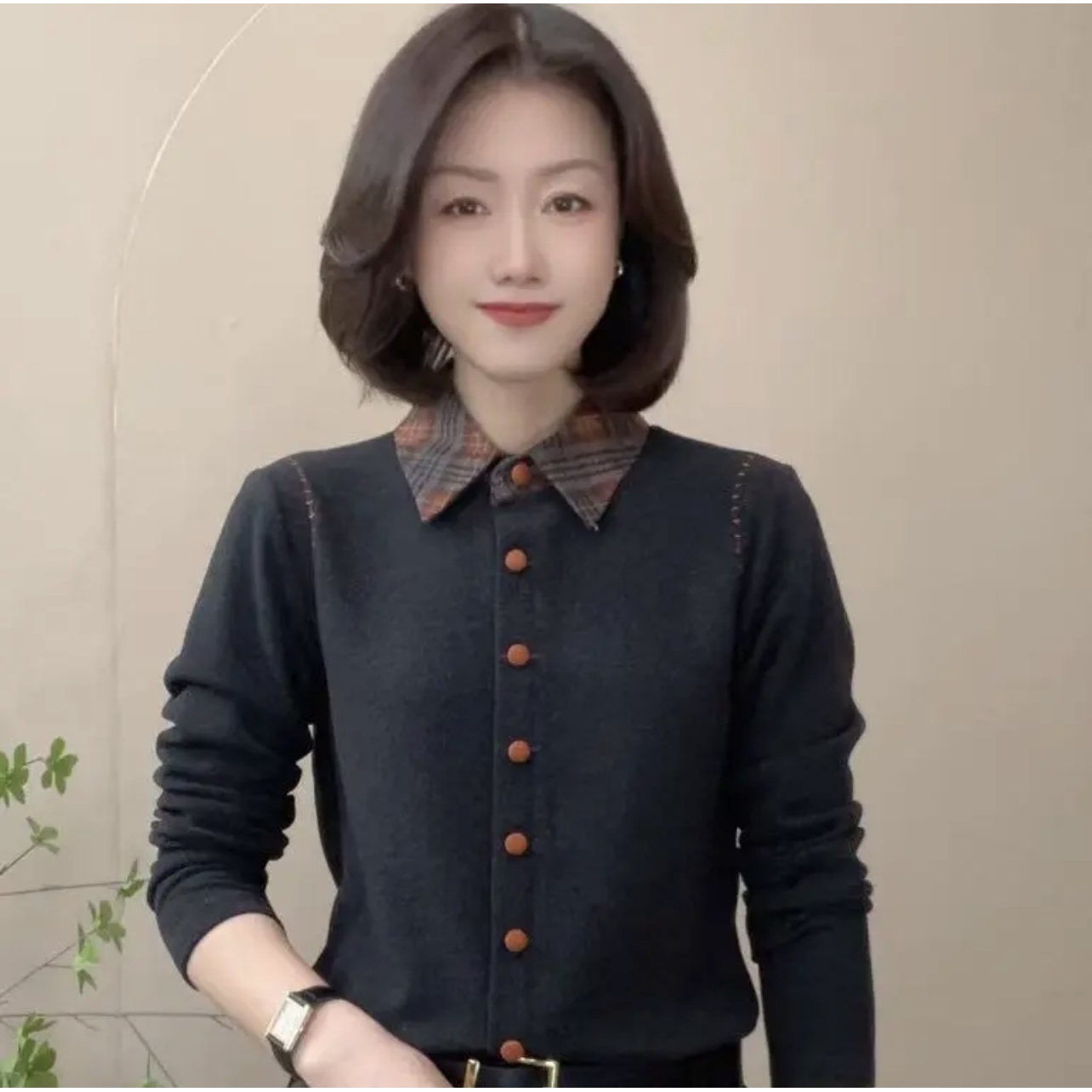 2025冬季常规拼接双面澳绒加厚打底衫显瘦翻领长袖休闲风保暖1151