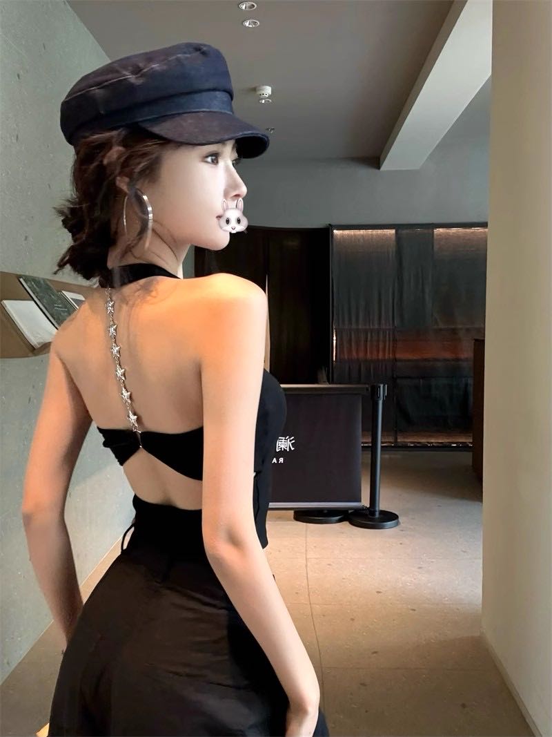 全额运补 美式辣妹气质星星链条露背吊带 带胸垫挂脖背心短款上衣