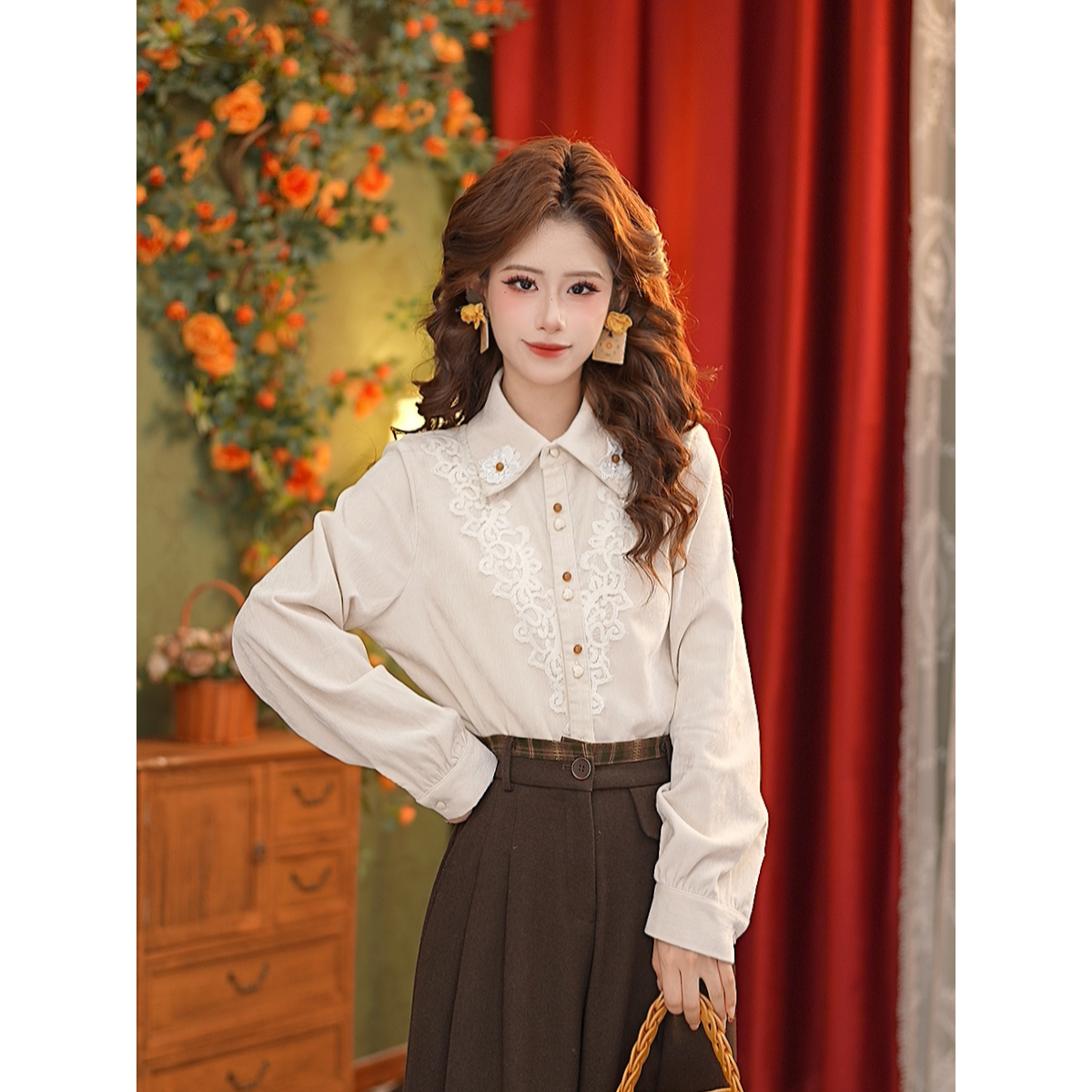 DaYuanSAD【凌雪】张嘉圆蕾丝花边衬衣上衣女内搭叠穿衬衫#G15129