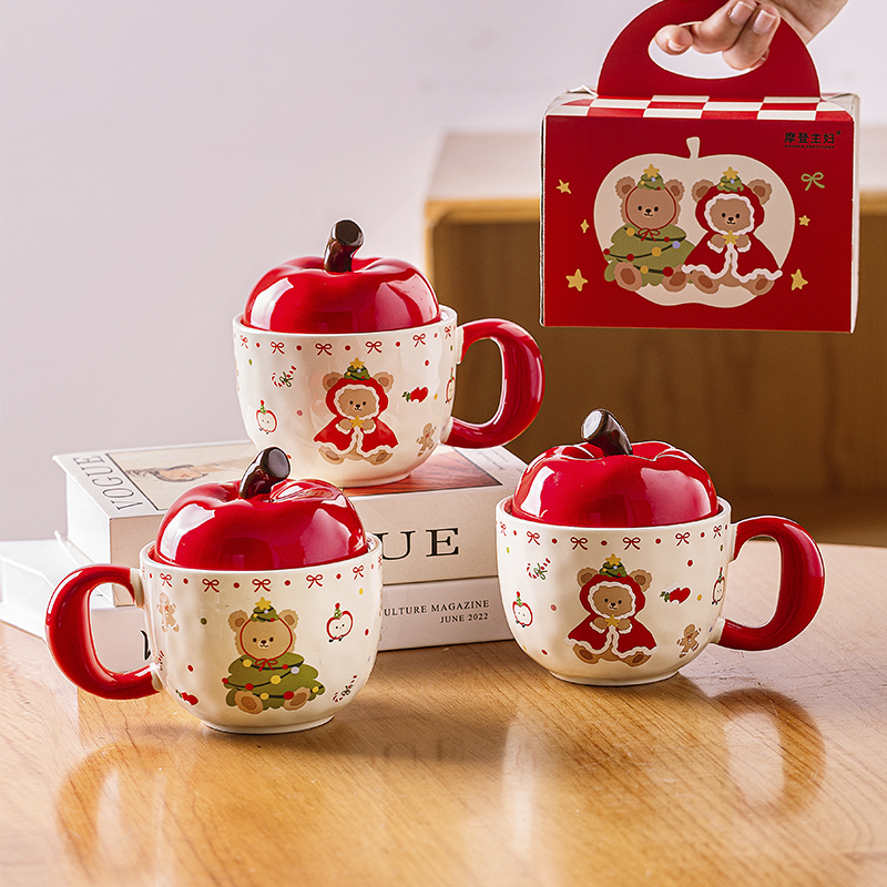 【摩登主妇】苹果陶瓷马克杯带盖圣诞节礼物水杯咖啡杯子