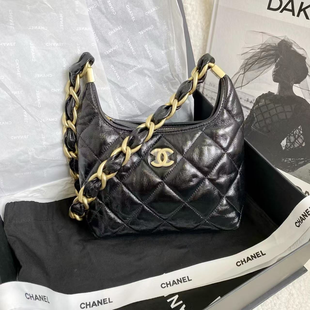 99新 Chanel/香奈儿 黑金hobo单肩包/14621422/12期免息/代卖服务
