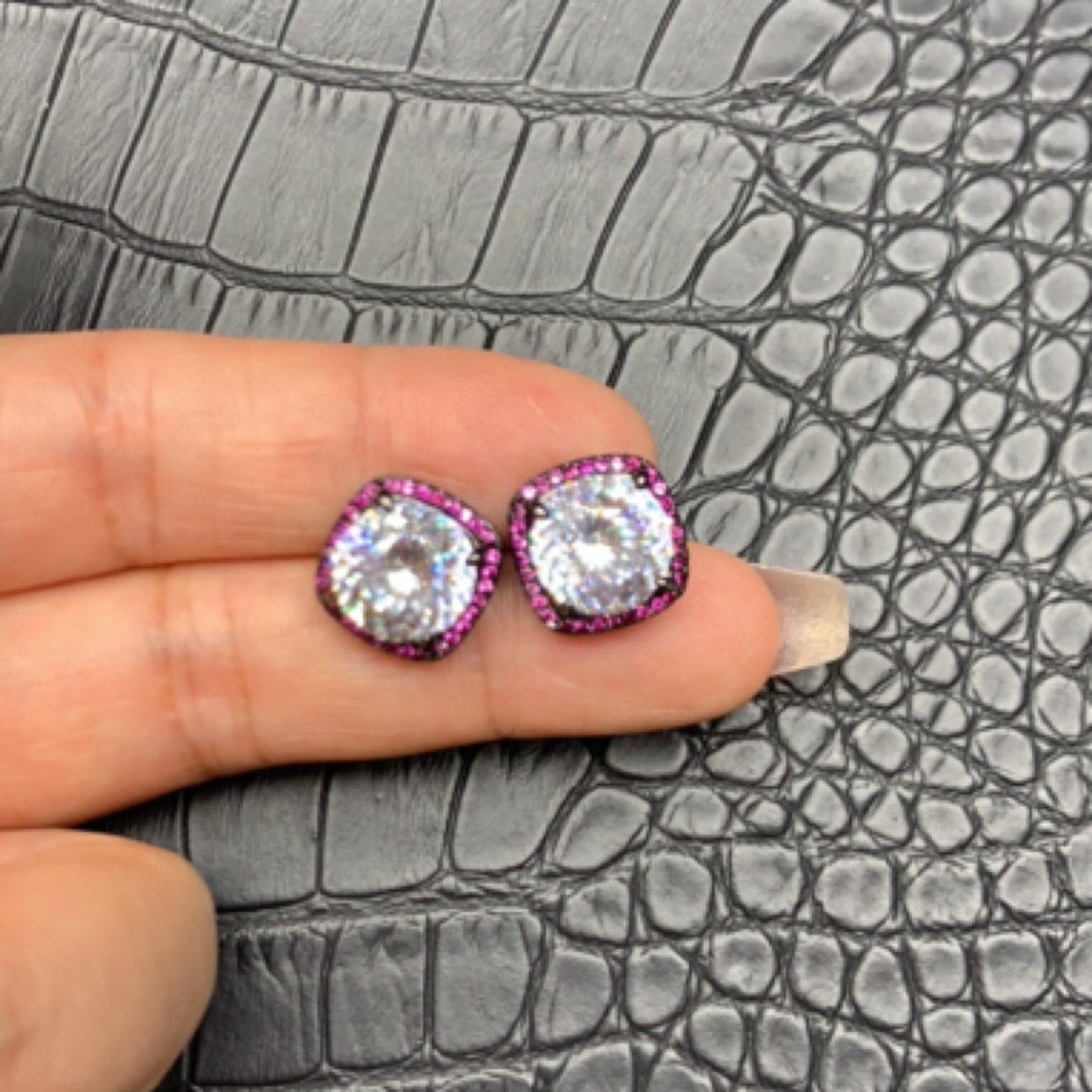 铜合金合成锆石耳饰 冰花切耳钉彩色精致紫色简约百搭气质轻奢97