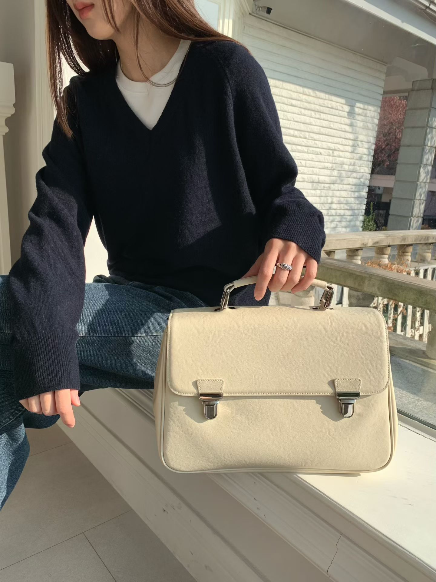 韩国东大门Dear.M 牛皮剑桥包单肩斜挎