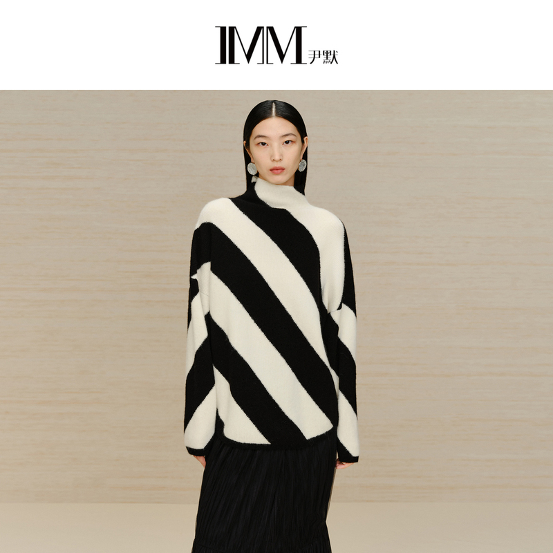IMM尹默女装2025冬季设计感黑白撞色斜纹毛衫绒面肌理感针织衫