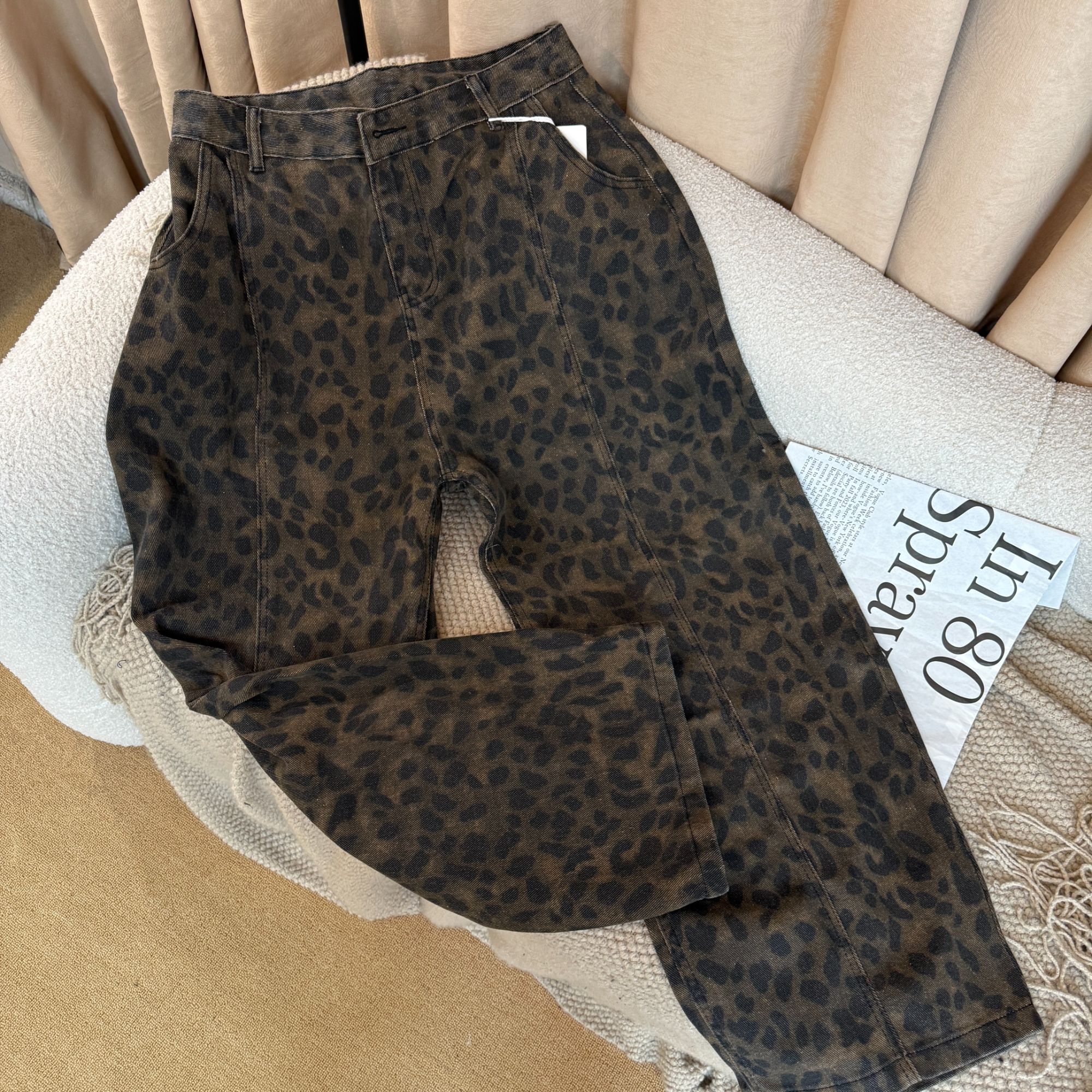 豹纹牛仔裤洋气裤子阔腿裤潮流百搭牛仔长裤休闲裤