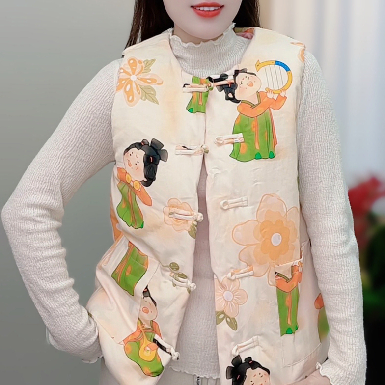 冬季新款纯棉花马甲中式复古印花加棉加厚保暖盘扣女马夹