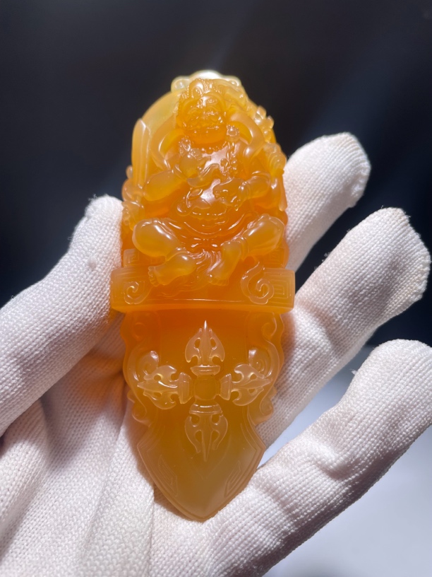 缅黄 玉化料 黄财神金刚杵吊坠挂坠手把