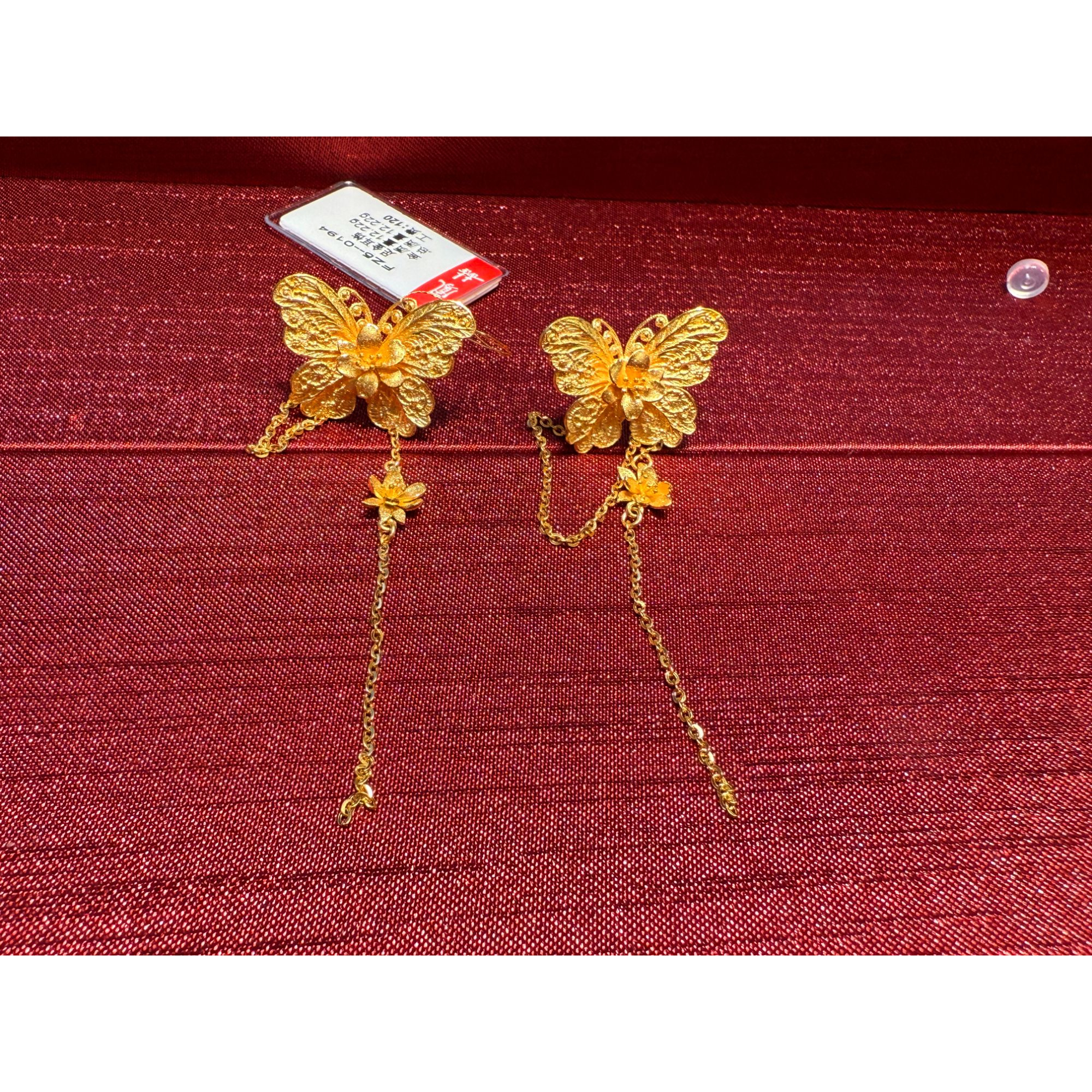 鳳喆古法錾刻精品工艺蝴蝶耳钉流苏50194日常国风足金999